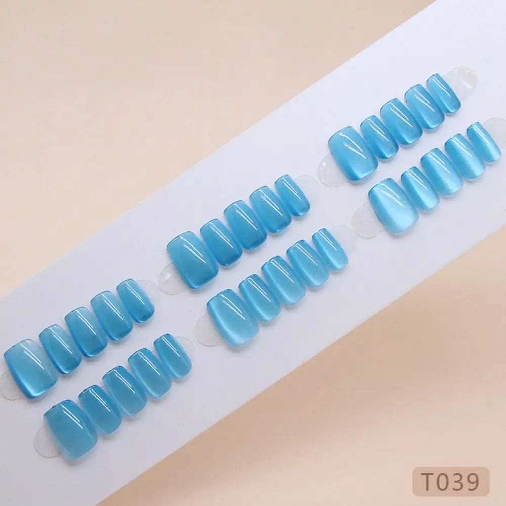 24-Pack Short Ballerina Press On Nails | French Cat Eye Tips Press On Nails QXL blue