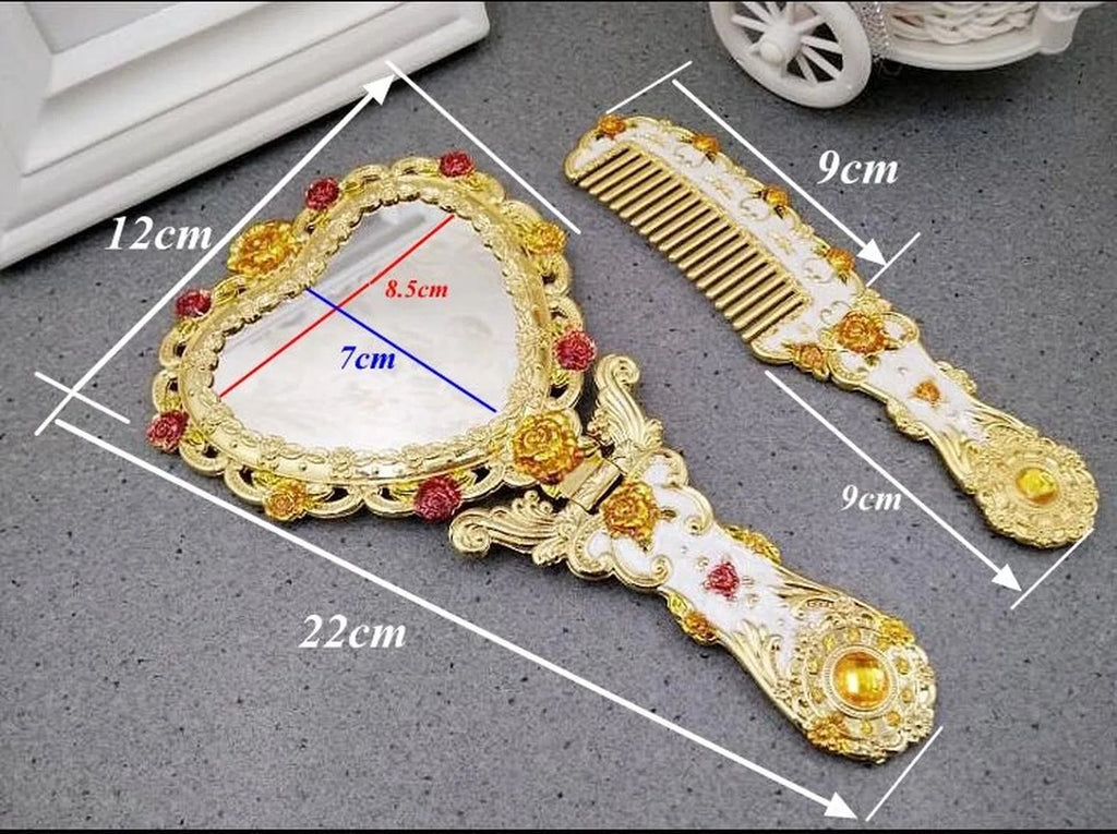 Vintage Heart Hand Mirror & Comb Set | Elegant Gift Box Vanity Mirror Set QXL