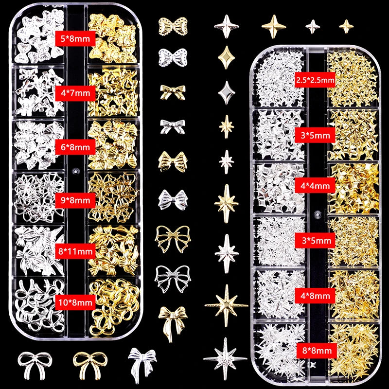 3D Metal Nail Charms Set | Gold & Silver Bowknot Stars 2-Box 3D Nail Charms QXL