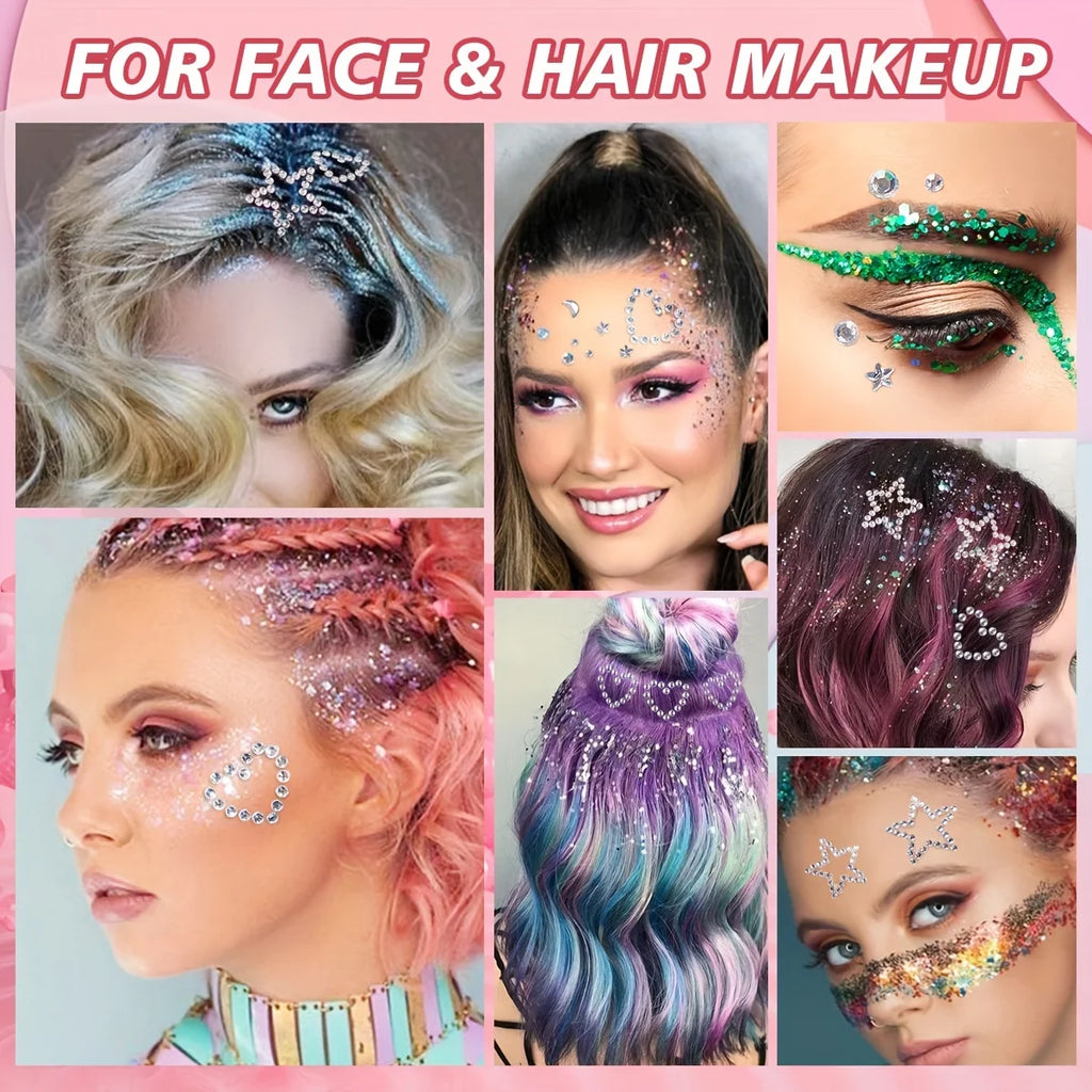 Glitter Hair Gel Set – 6 Colors, Gem Stickers & Rhinestones Glitter Hair & Body Set QXL