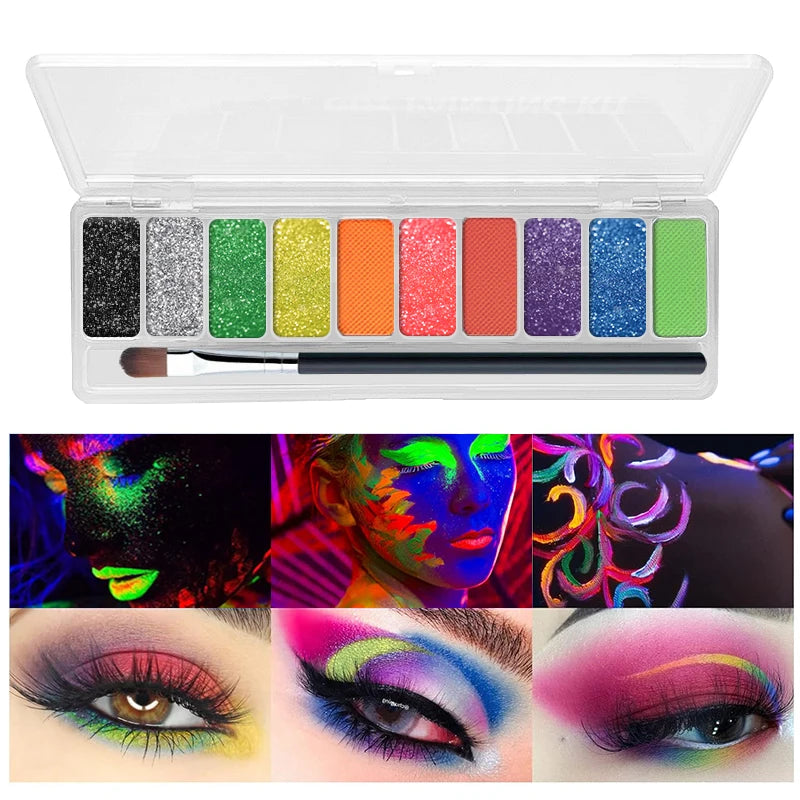 10-Color Neon UV Glow Face Paint & Eyeshadow Palette UV Glow Face Paint QXL Fluorescence