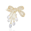 Zircon Pearl Bowknot Tassel Brooch Pin | Women's Corsage Brooch Pin QXL Gold