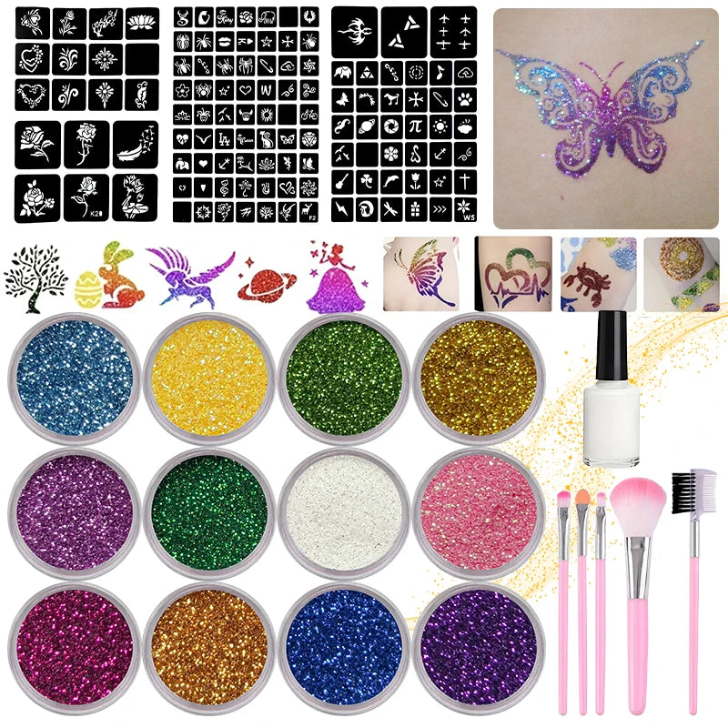 12-Color DIY Glitter Tattoo Kit | Stencils, Glue & Brushes Glitter Tattoo Kit QXL