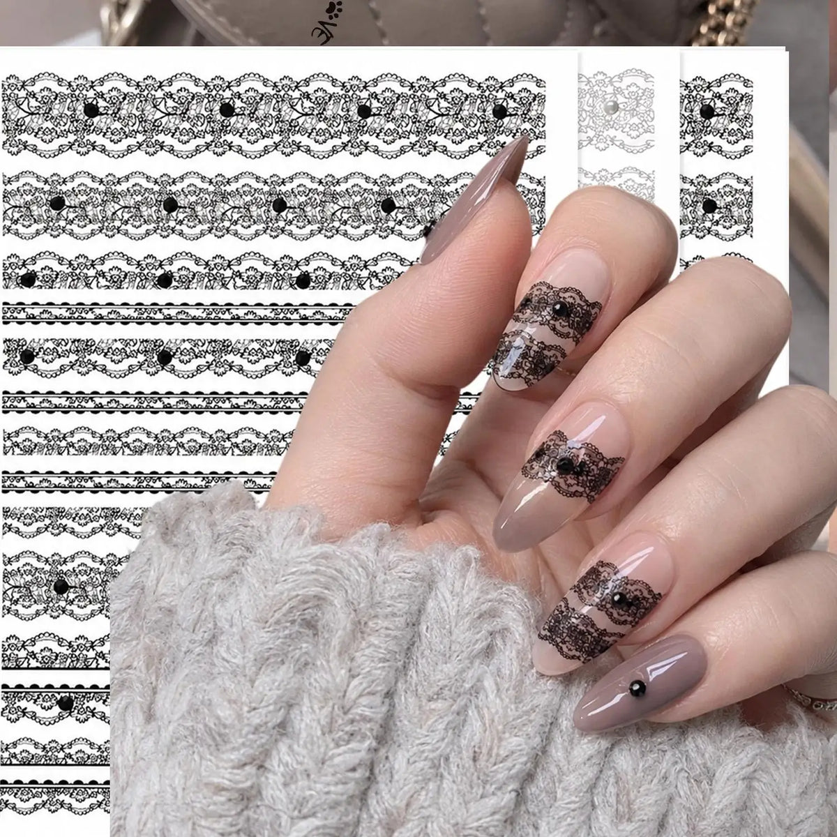 3D Lace & Pearl Nail Art Stickers | Black & White Decals Nail Art Stickers QXL