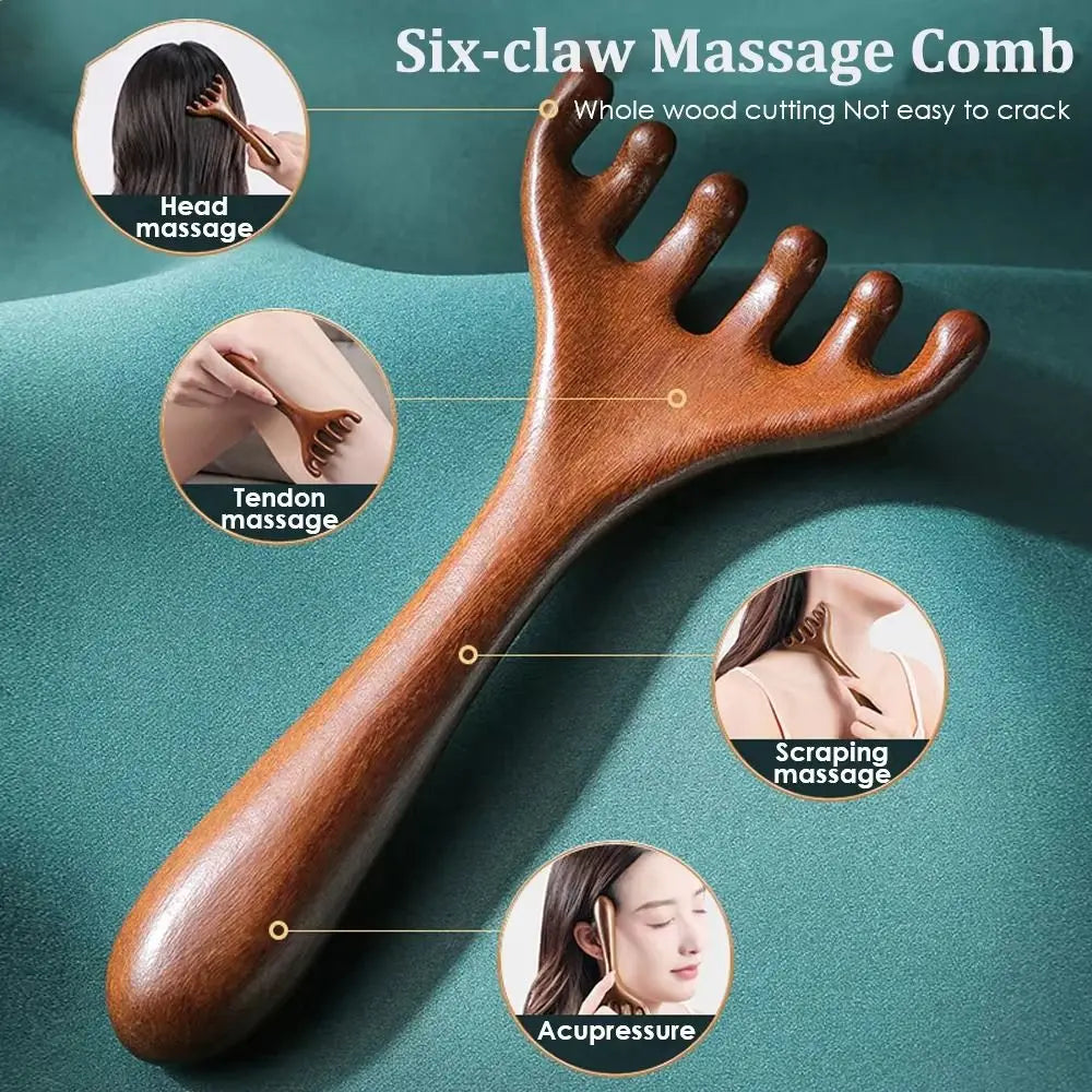 6-Claw Meridian Massage Comb | Wide Tooth Gua Sha Head Massager Meridian Massage Comb QXL