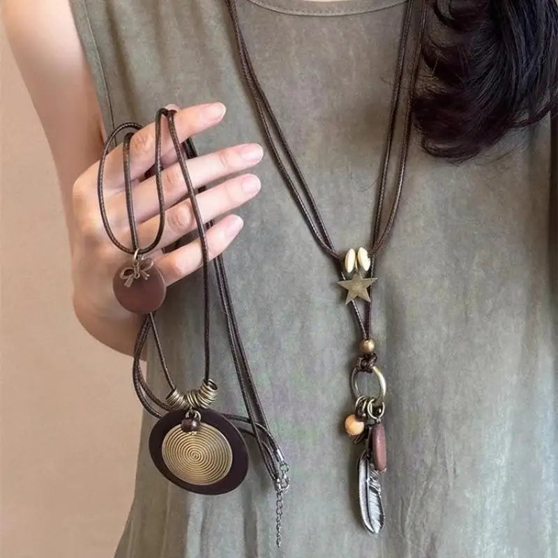 Vintage Boho Layered Pendant Necklace | Antique Long Chain Pendant Necklace QXL