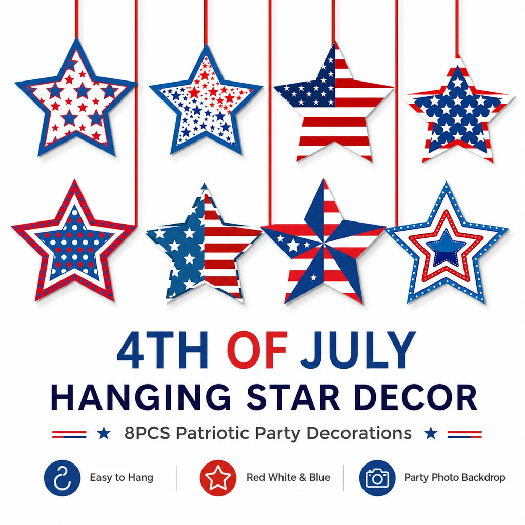 8-Pack 4th of July Hanging Star Ornaments | Red White Blue Party Hanging Ornaments QXL