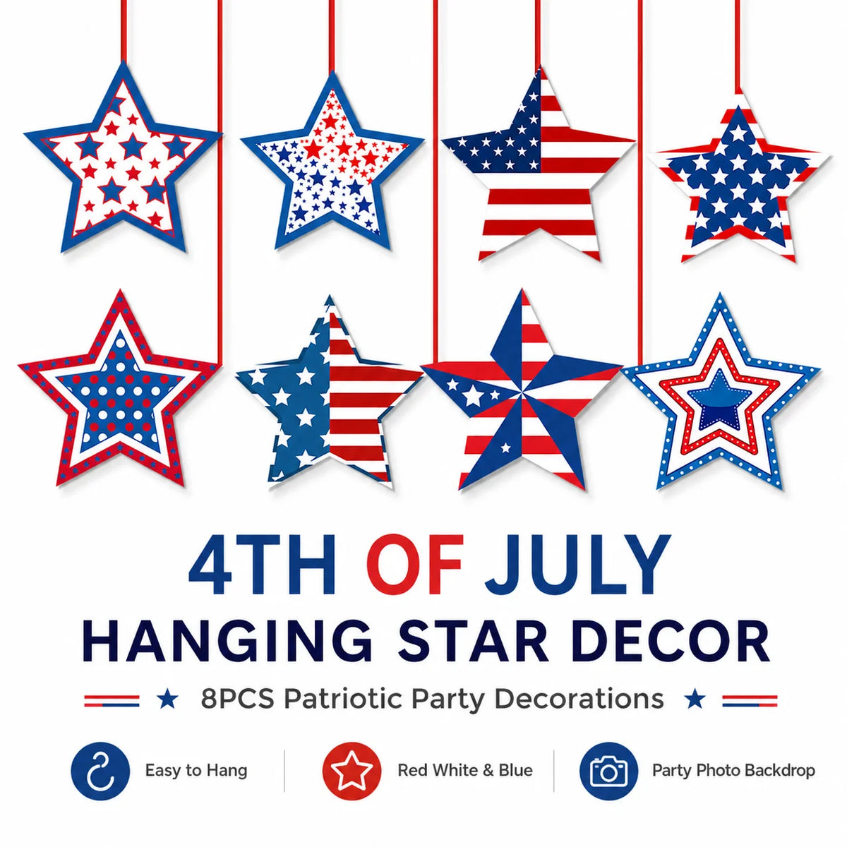8-Pack 4th of July Hanging Star Ornaments | Red White Blue Party Hanging Ornaments QXL