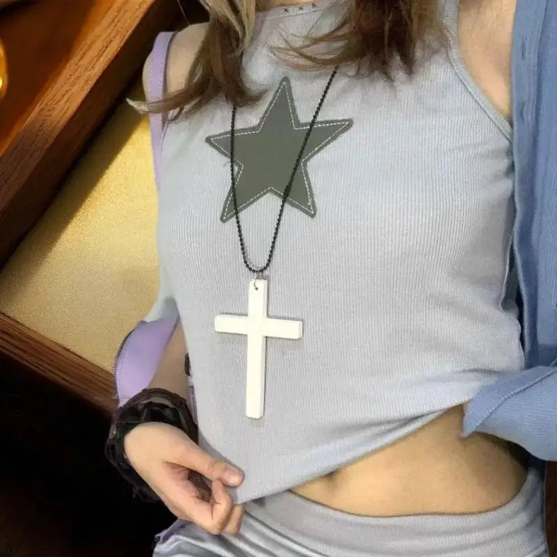Punk Gothic Wood Cross Pendant Necklace | Vintage Y2K Style Cross Pendant Necklace QXL