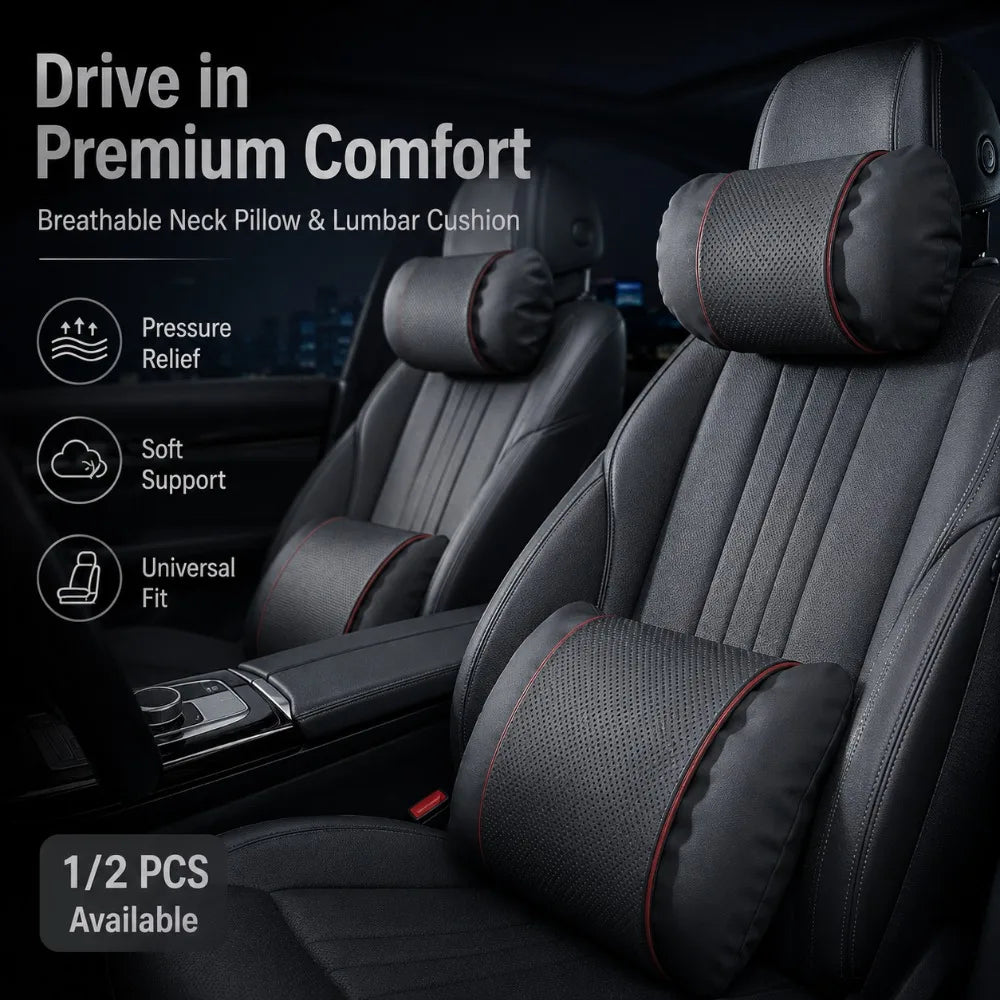 Nappa Leather Car Neck Pillow & Lumbar Cushion | 1 or 2 Pack Car Seat Cushion QXL