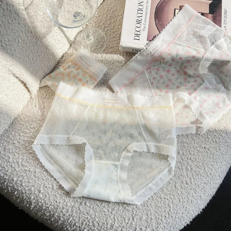 Women's Mid-Waist Lace Briefs | Cotton Crotch Floral Panties Women's Lace Briefs QXL
