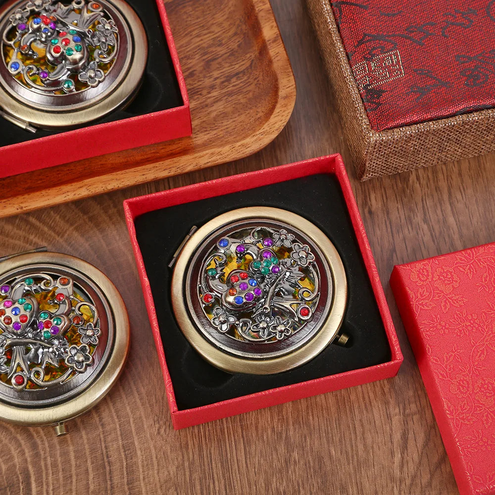 Vintage Round Compact Mirror | Double-Sided Folding Pocket Mirror Compact Pocket Mirror QXL