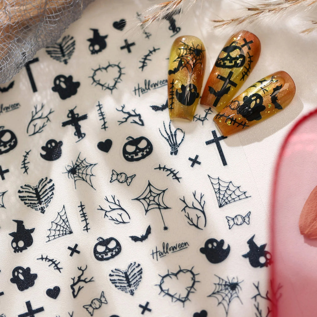 Halloween Gothic 5D Nail Stickers – Skull Pumpkin Spider Web Nail Art Stickers QXL