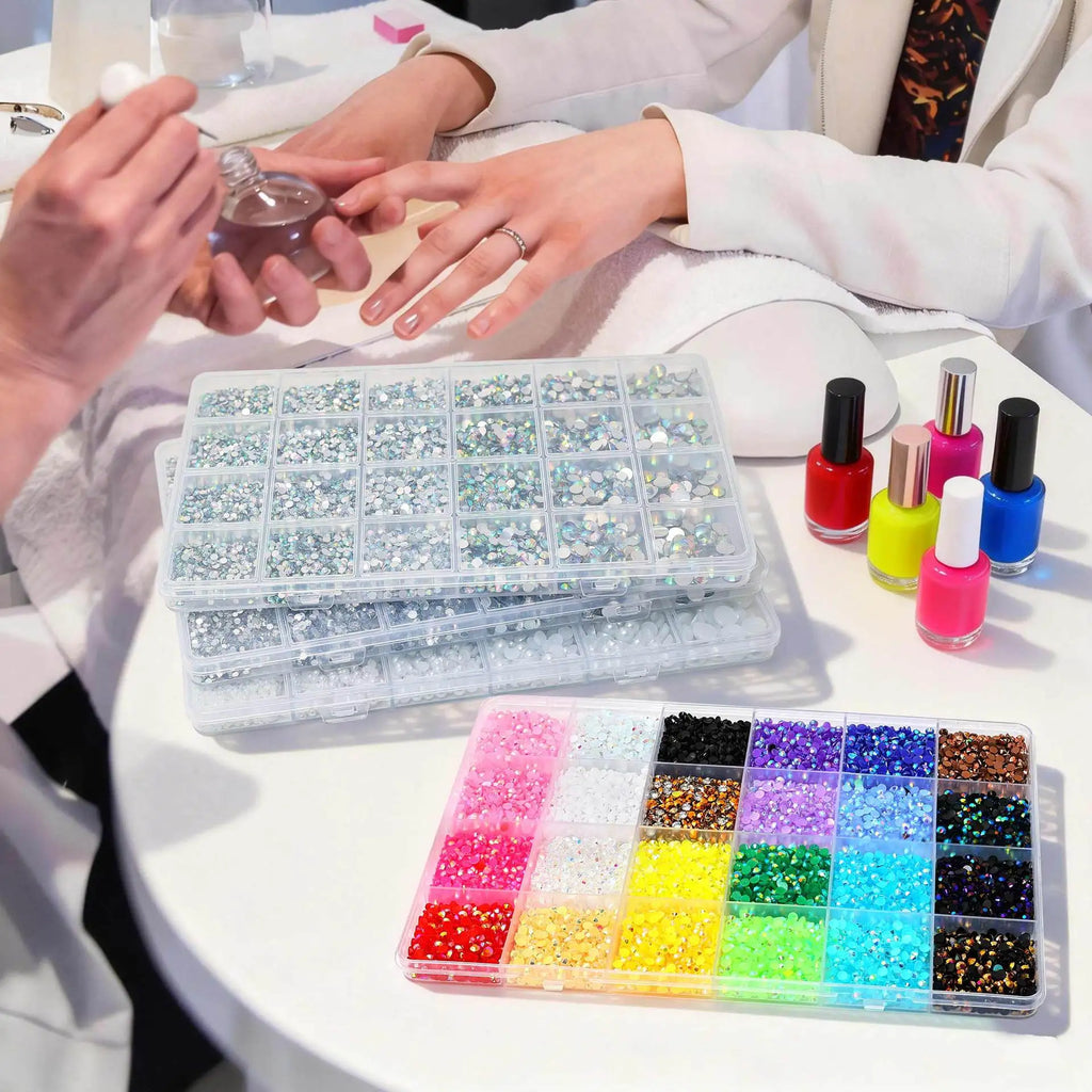 24-Grid AB Rhinestone Set | Mixed Flatback Gems 3–6mm DIY Nail Art Rhinestones QXL