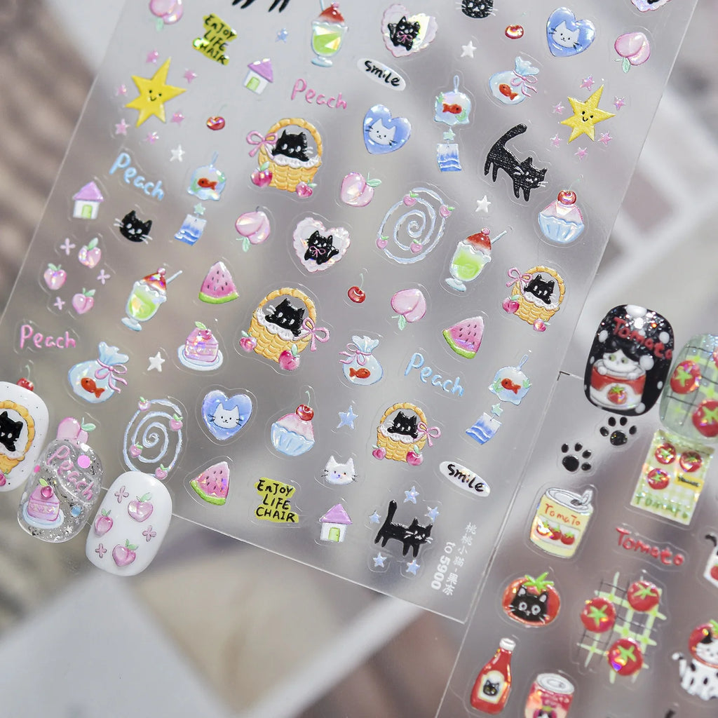 5D Cartoon Nail Stickers – Peach Cat Watermelon Self-Adhesive Nail Art Stickers QXL