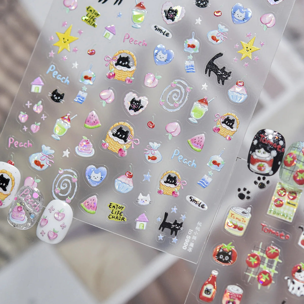 5D Cartoon Nail Stickers – Peach Cat Watermelon Self-Adhesive Nail Art Stickers QXL