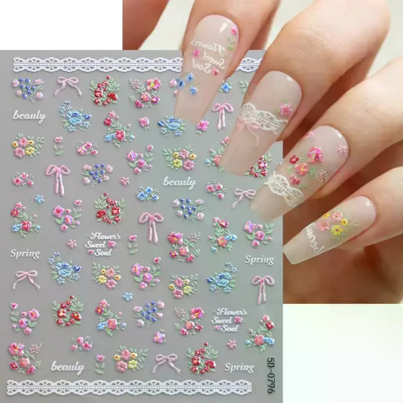 3D Spring Flower & Bow Nail Stickers | Rose Bouquet Decals Nail Art Stickers QXL