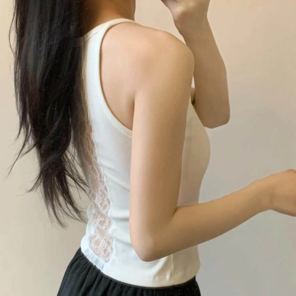 Ribbed Lace Cutout Padded Camisole | Cropped Knit Tank Top Padded Knit Camisole QXL