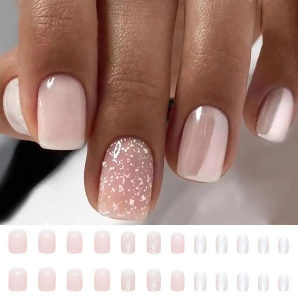 French Pink Short False Nails – 24-Pc Full Cover Round Tips Press-On False Nails QXL