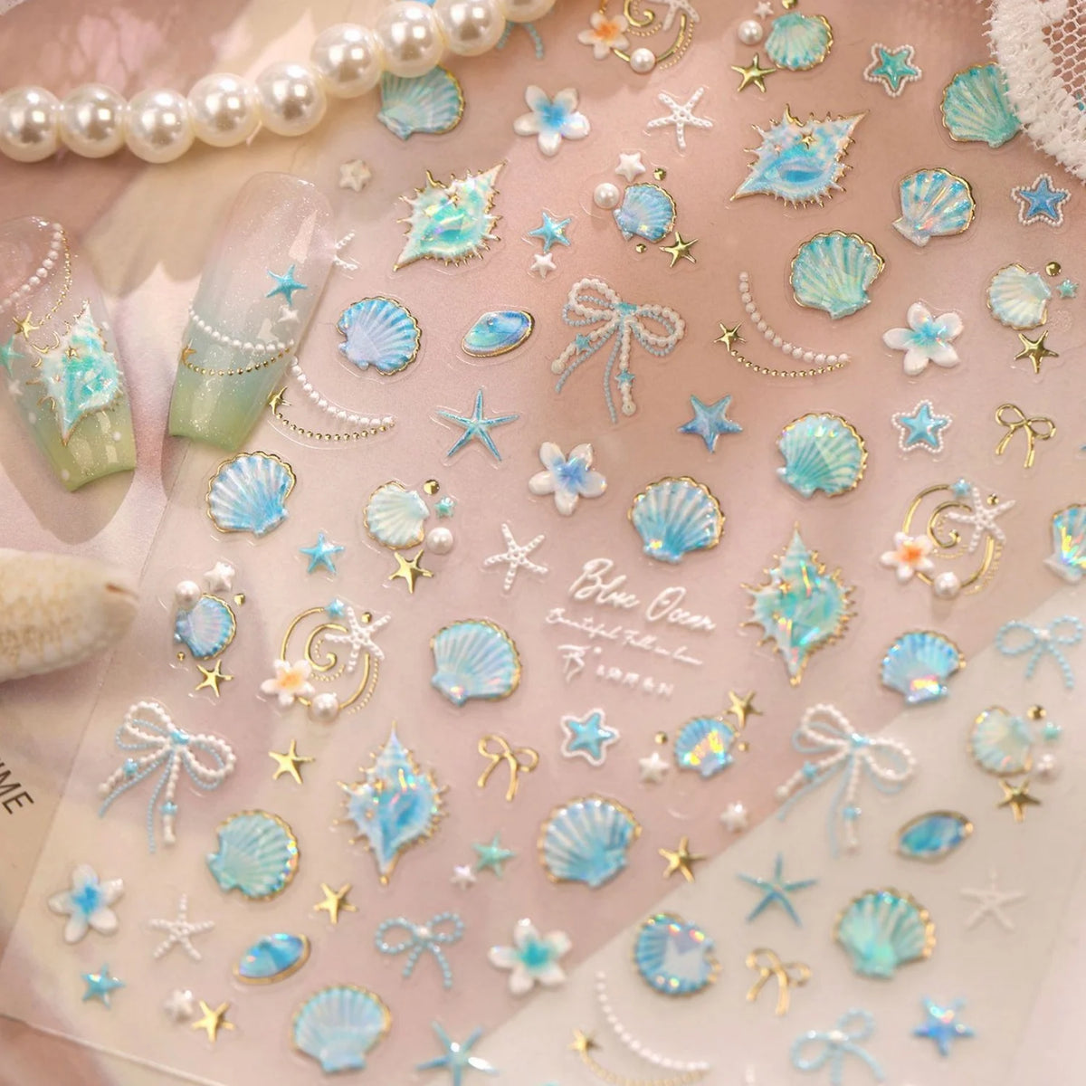 Blue Seashell 5D Nail Stickers | Ocean Starfish Pearl Decals Nail Stickers QXL