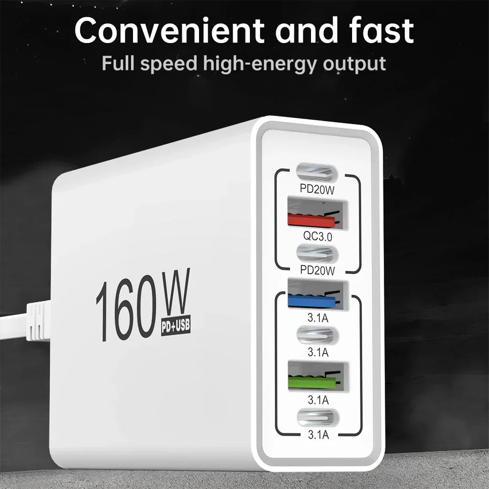 160W 7-Port USB-C Fast Charger | EU & US Wall Adapter QC3.0 Multi-Port Wall Charger QXL