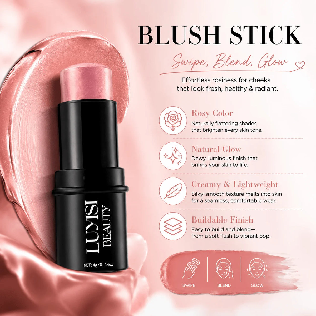 Creamy Waterproof Blush Stick | Natural Radiant Glow | 4g Cream Blush Stick QXL