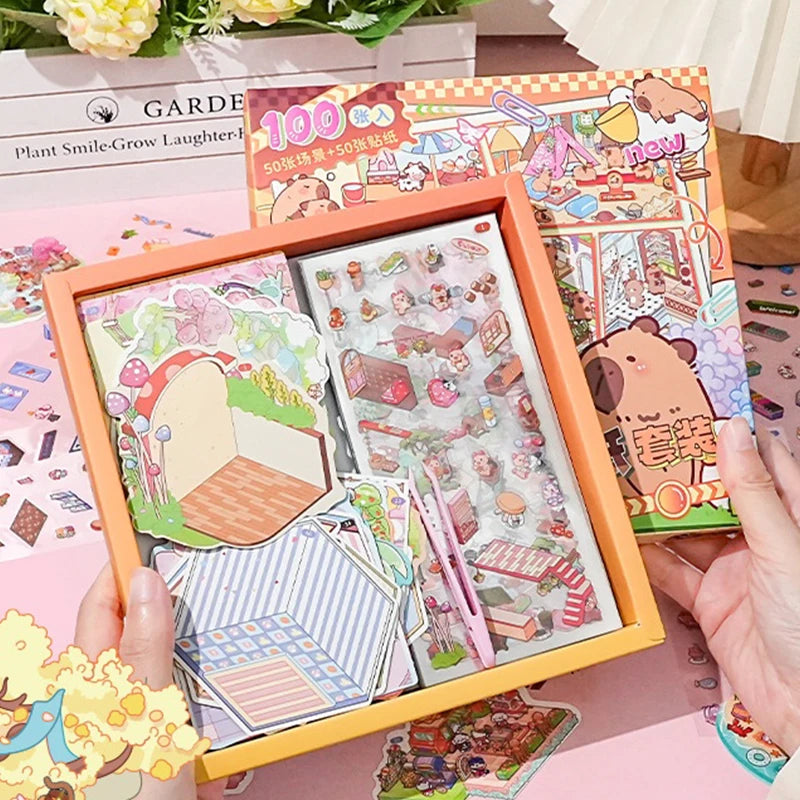50-Style 3D Miniature House Stickers | Kids DIY Scrapbooking Craft Sticker Kit QXL