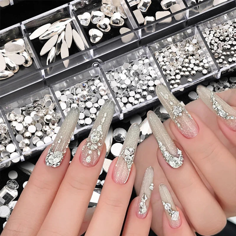 12-Grid Mixed Shape Nail Art Rhinestones | Crystal Flat-Base Nail Art Rhinestones QXL