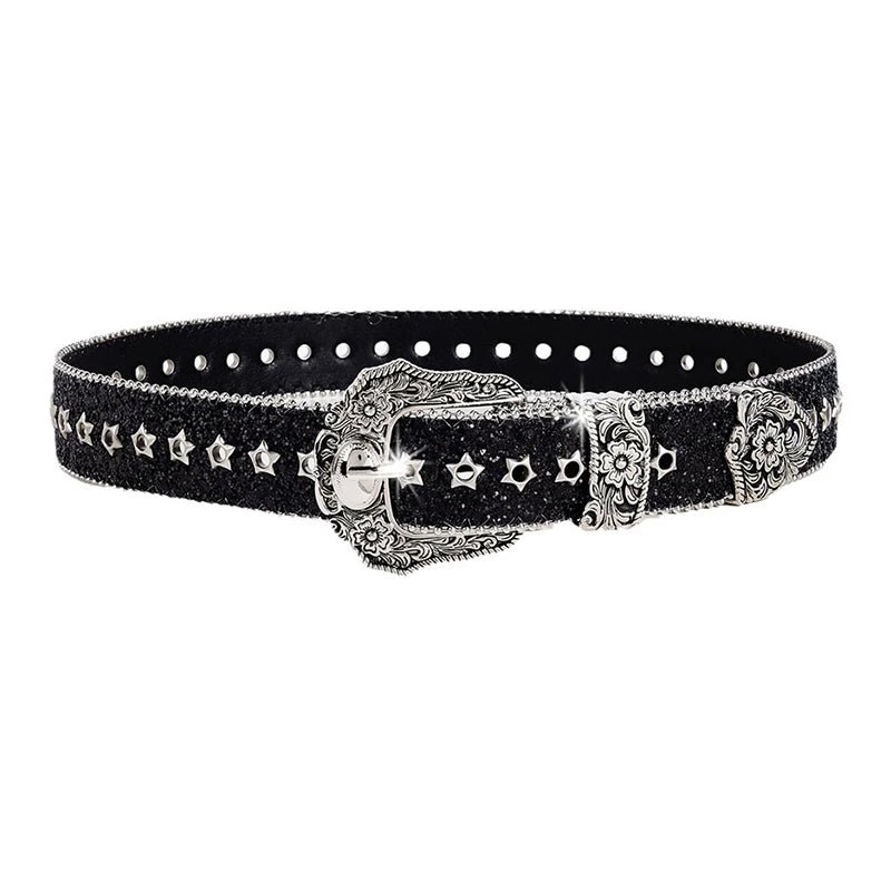 Women's Rhinestone Belt | Gothic Y2K Western Cowboy PU Leather Rhinestone Fashion Belt QXL