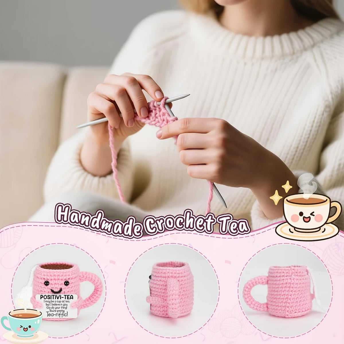 DIY Crochet Mini Teacup Kit – Pink Handmade Gift Set Crochet Craft Kit QXL