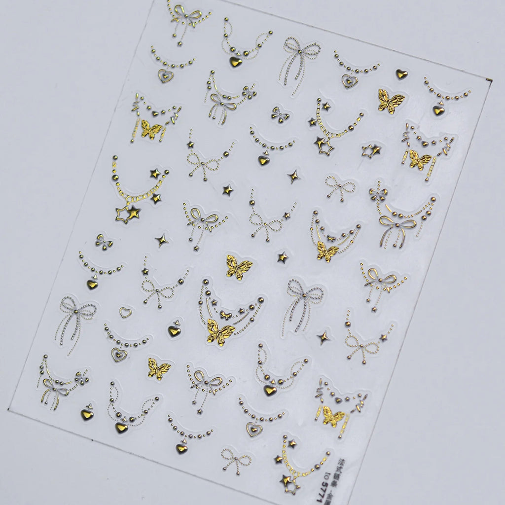 5D Retro French Nail Stickers | Gold Foil Bow Butterfly Decals Nail Art Stickers QXL