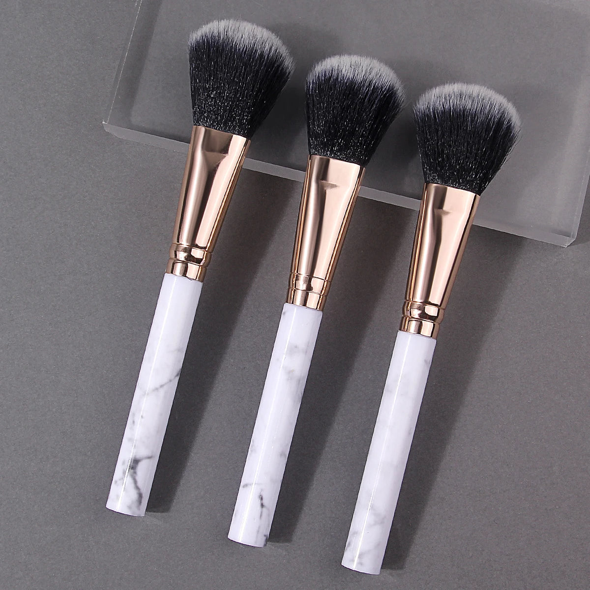 3-Pc Powder & Blush Brush Set | Marble Handle, Rose Gold Makeup Brush Set QXL