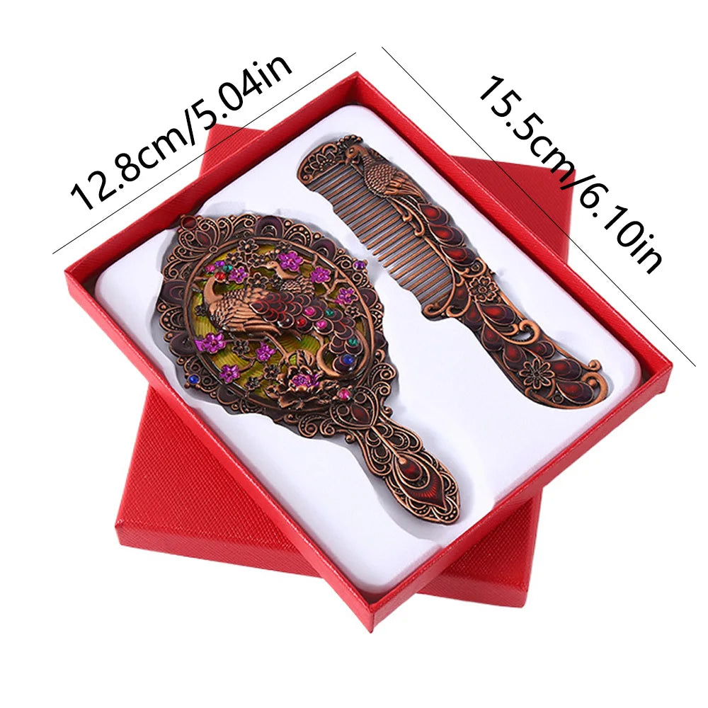 Peacock Embossed Metal Handheld Mirror & Comb Set – 2 Pcs Vanity Mirror Set QXL