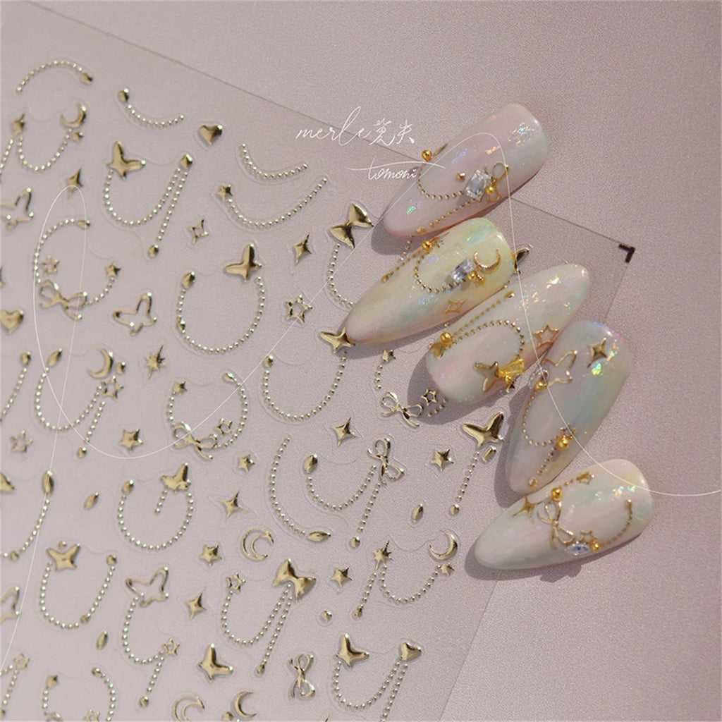 5D Star Chain Nail Stickers – Gold Silver Self-Adhesive Decals Nail Art Stickers QXL