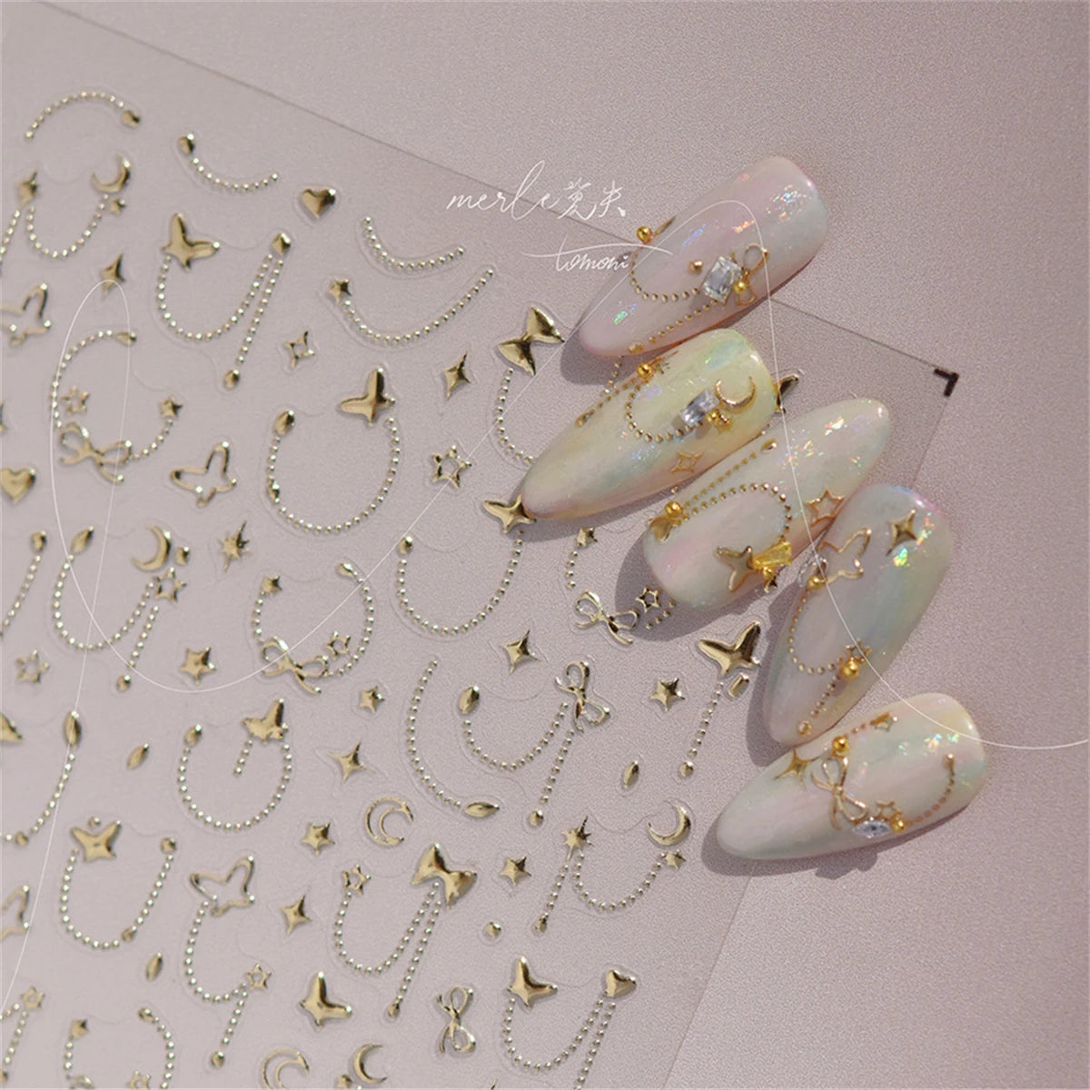 5D Star Chain Nail Stickers – Gold Silver Self-Adhesive Decals Nail Art Stickers QXL