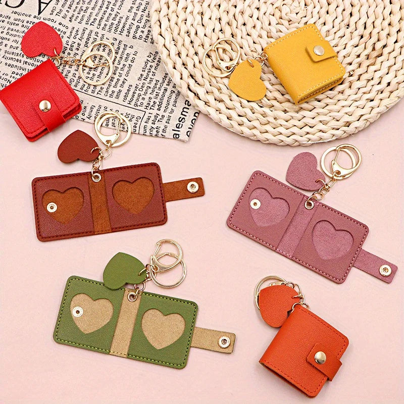 PU Leather Photo Wallet Keychain | Heart Cutout Wrist Strap Photo Wallet Keychain QXL