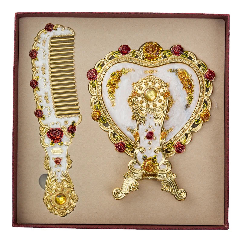 Vintage Heart Hand Mirror & Comb Set | Elegant Gift Box Vanity Mirror Set QXL