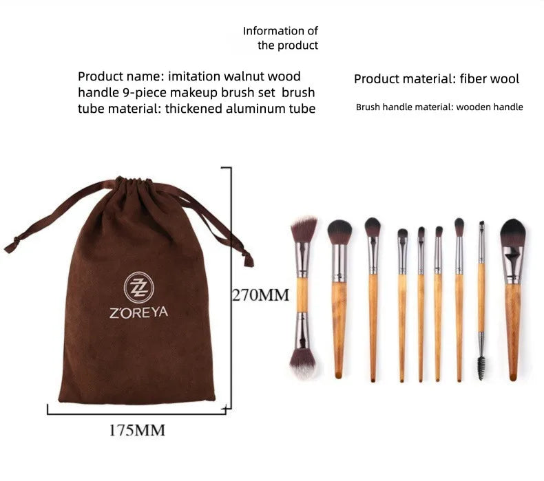 Zoreya 9-Piece Walnut Wood Makeup Brush Set | Full Face Makeup Brush Set QXL 9-piece Walnut Wood