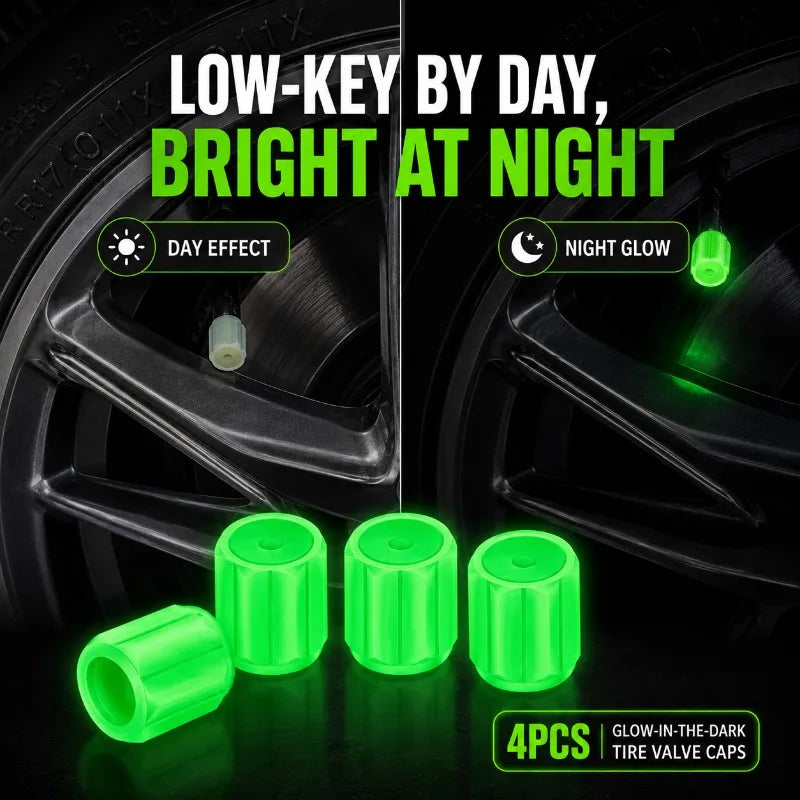 4-Pack Glow in the Dark Tire Valve Stem Caps | Universal Tire Valve Caps QXL