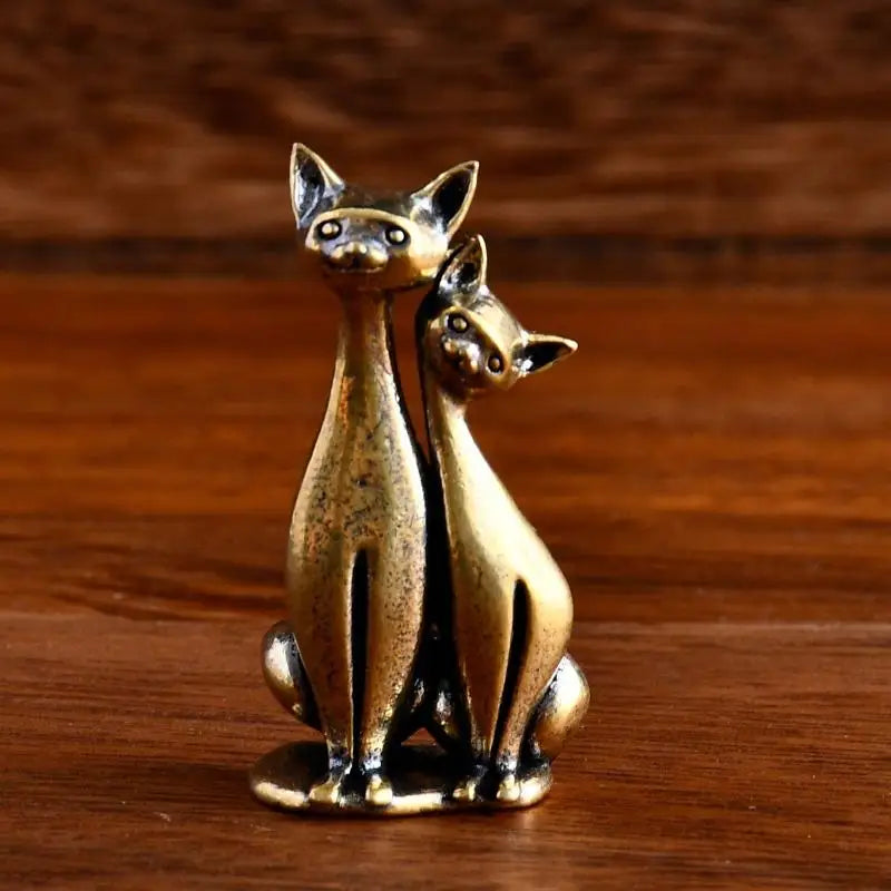 Brass Double Cat Sculpture Ornament | Desk & Home Decor Decorative Figurine QXL