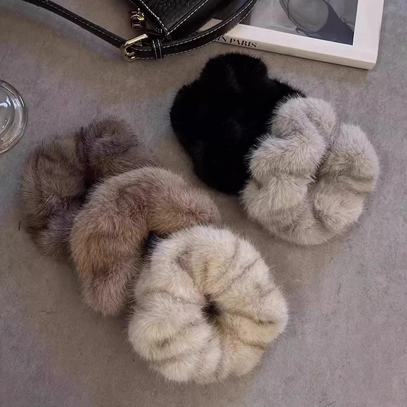 Plush Faux Fur Scrunchies | Women's Fluffy Hair Bands Plush Hair Scrunchie QXL