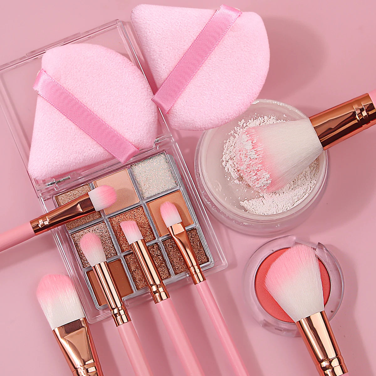 14-Pc Pink Makeup Brush Set | Sponge, Puff & Full Kit Makeup Brush Set QXL