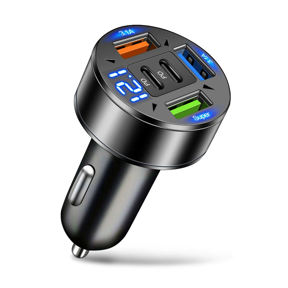 250W 5-Port Car Charger PD QC3.0 USB-C LED Display Car Charger Adapter QXL black