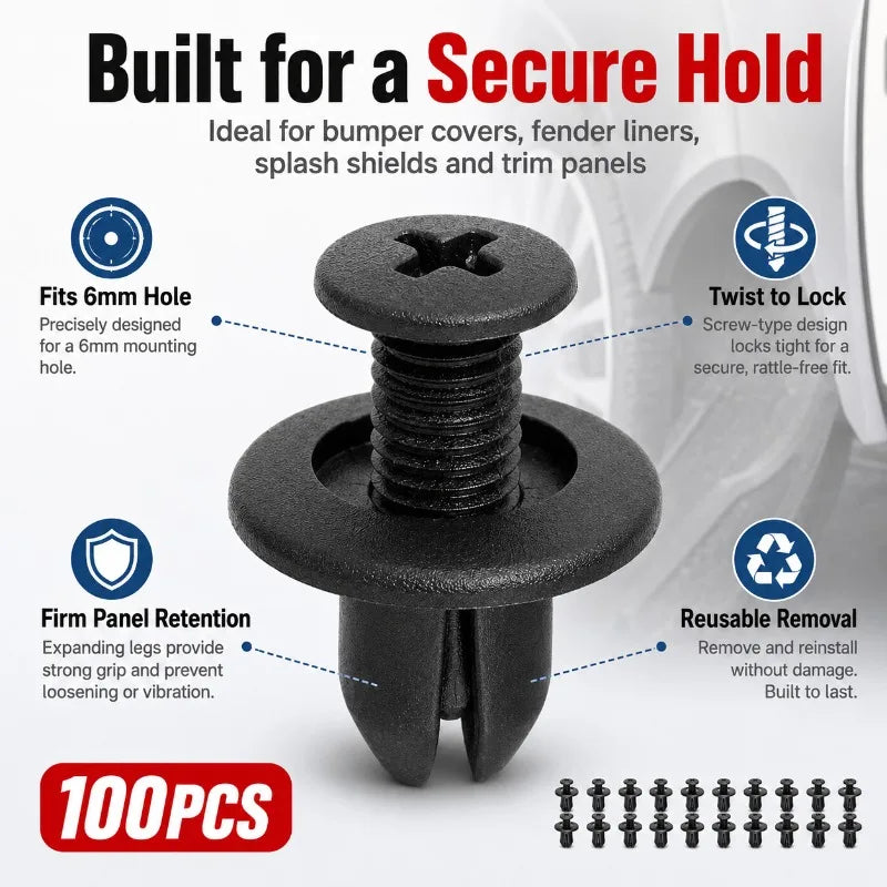 100-Pack 6mm Car Push Retainer Clips | Trim Panel Fastener Kit Trim Panel Fasteners QXL