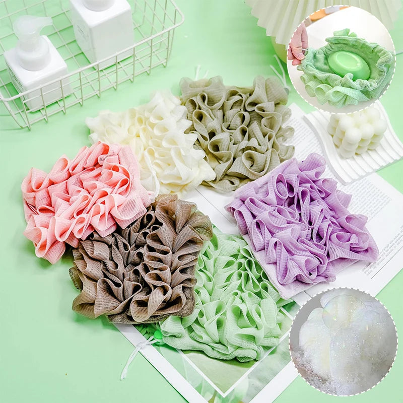 2-in-1 Exfoliating Mesh Bath Sponge with Drawstring Soap Holder Exfoliating Bath Sponge QXL