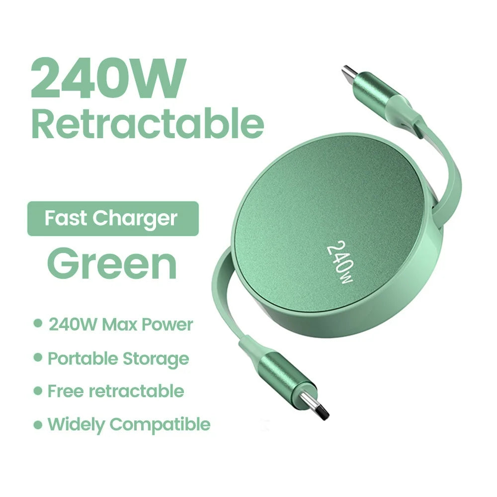 PD 240W Retractable USB-C to C Fast Charging Cable 1M USB-C Charging Cable QXL green 1m