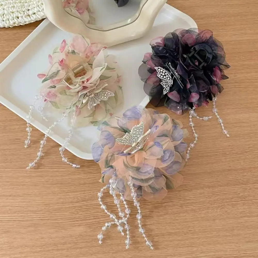 Flower Tassel Hair Claw Clip | Mesh Plastic Hairgrip Women Hair Claw Clip QXL