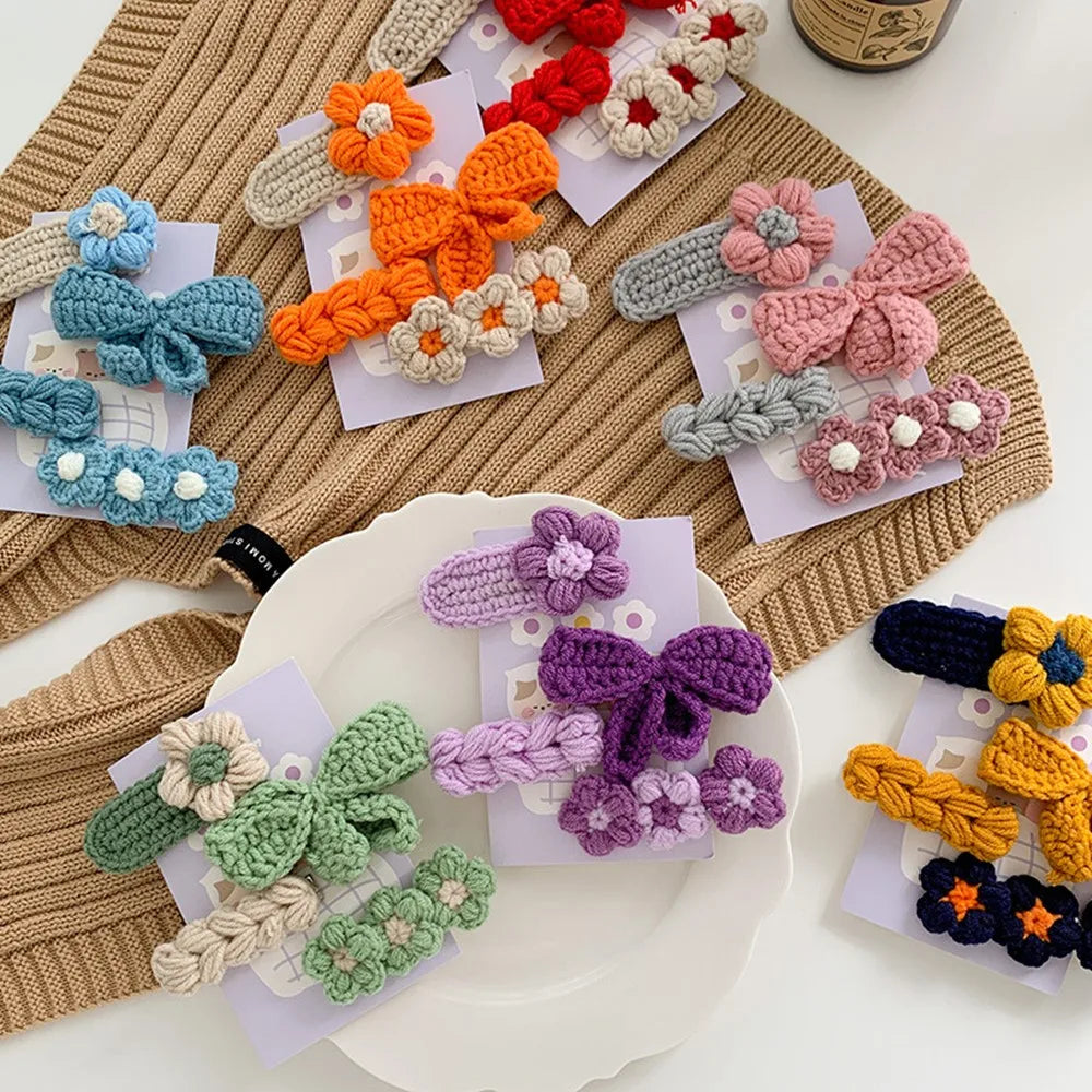 4-Pack Kids Knit Flower Bow BB Hair Clips | Festive Barrettes Kids Hair Clips QXL