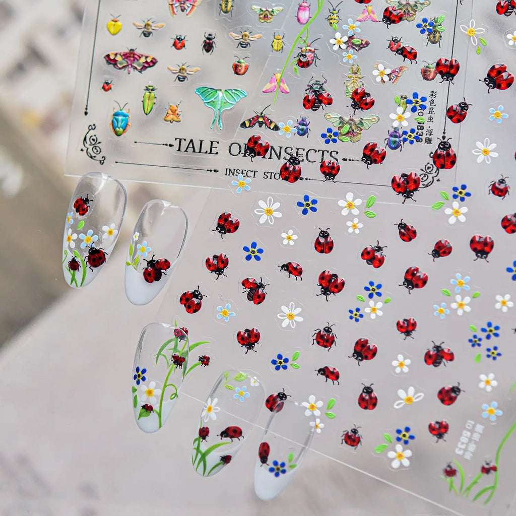 5D Pastoral Nail Stickers – Ladybug, Flower & Vine Decals Nail Stickers QXL
