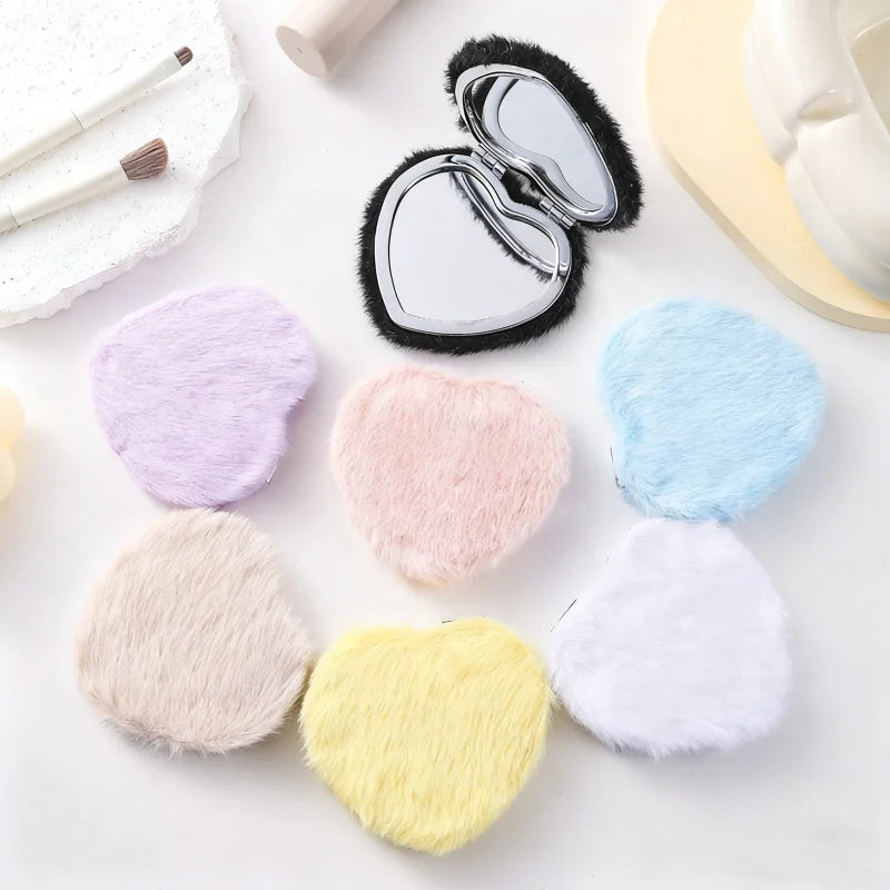 Heart-Shape Plush Double-Sided Folding Makeup Mirror | Portable Folding Makeup Mirror QXL